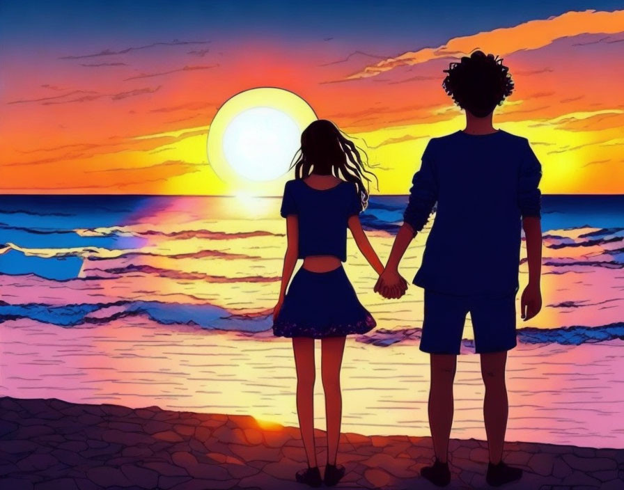 Couple holding hands watching vibrant ocean sunset.