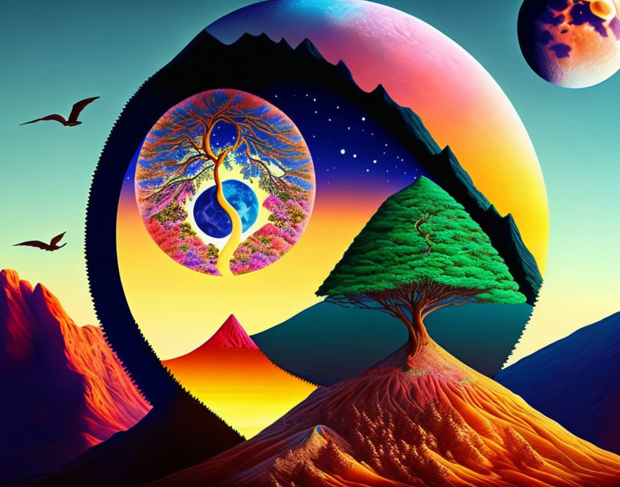 Surreal yin-yang tree of life in cosmic portal with day-night landscapes