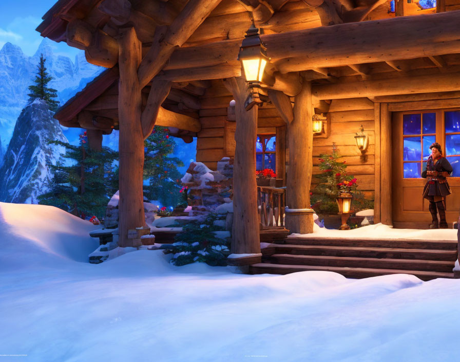 Snow-covered cabin at twilight with glowing windows and person by Christmas tree