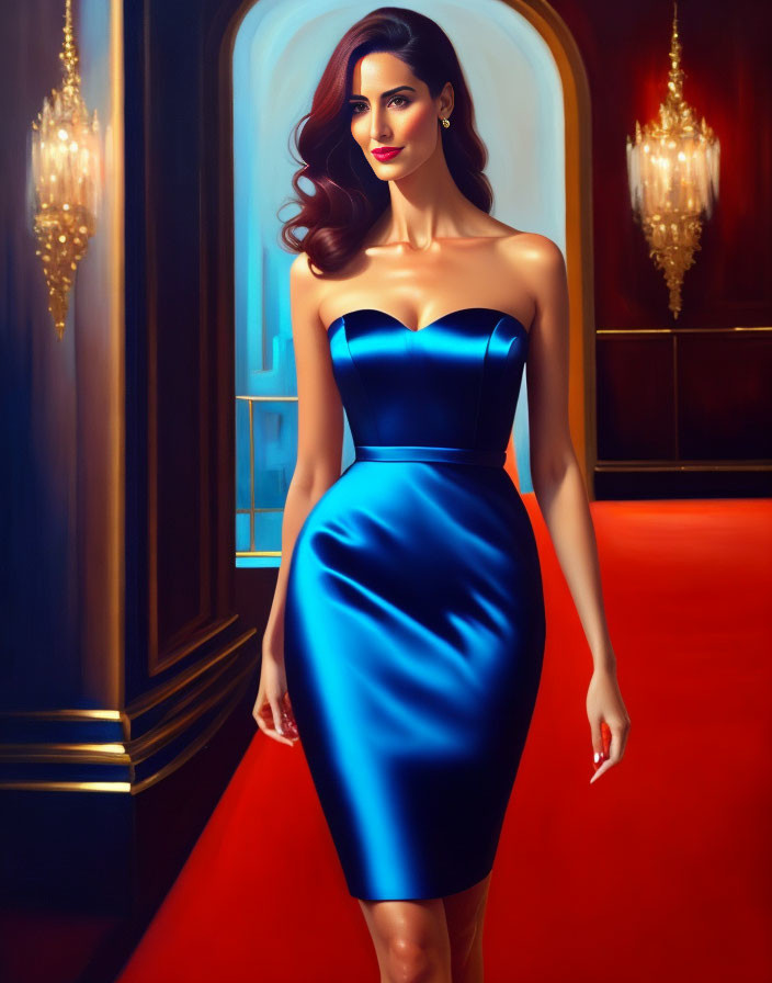 Digital artwork: Woman in blue dress in elegant corridor with red walls