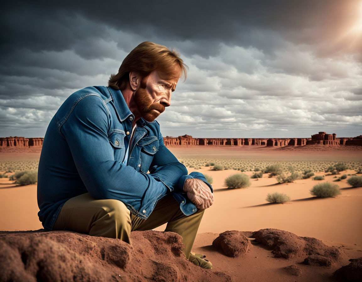 Bearded man in denim jacket sitting on rock in desert landscape at sunset