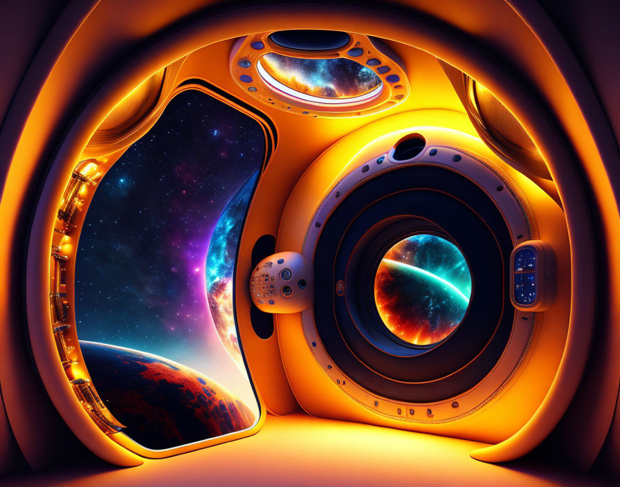 Futuristic Spaceship Interior with Glowing Orange Panels and Starry Nebula View