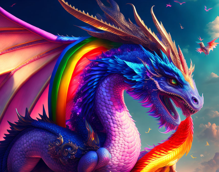 Multicolored dragon with rainbow wings in vivid sunset scene