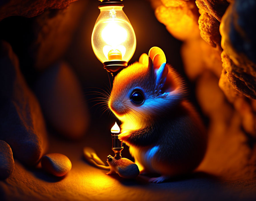 Whimsical animated hamster with lit match and glowing light bulb in rock nook