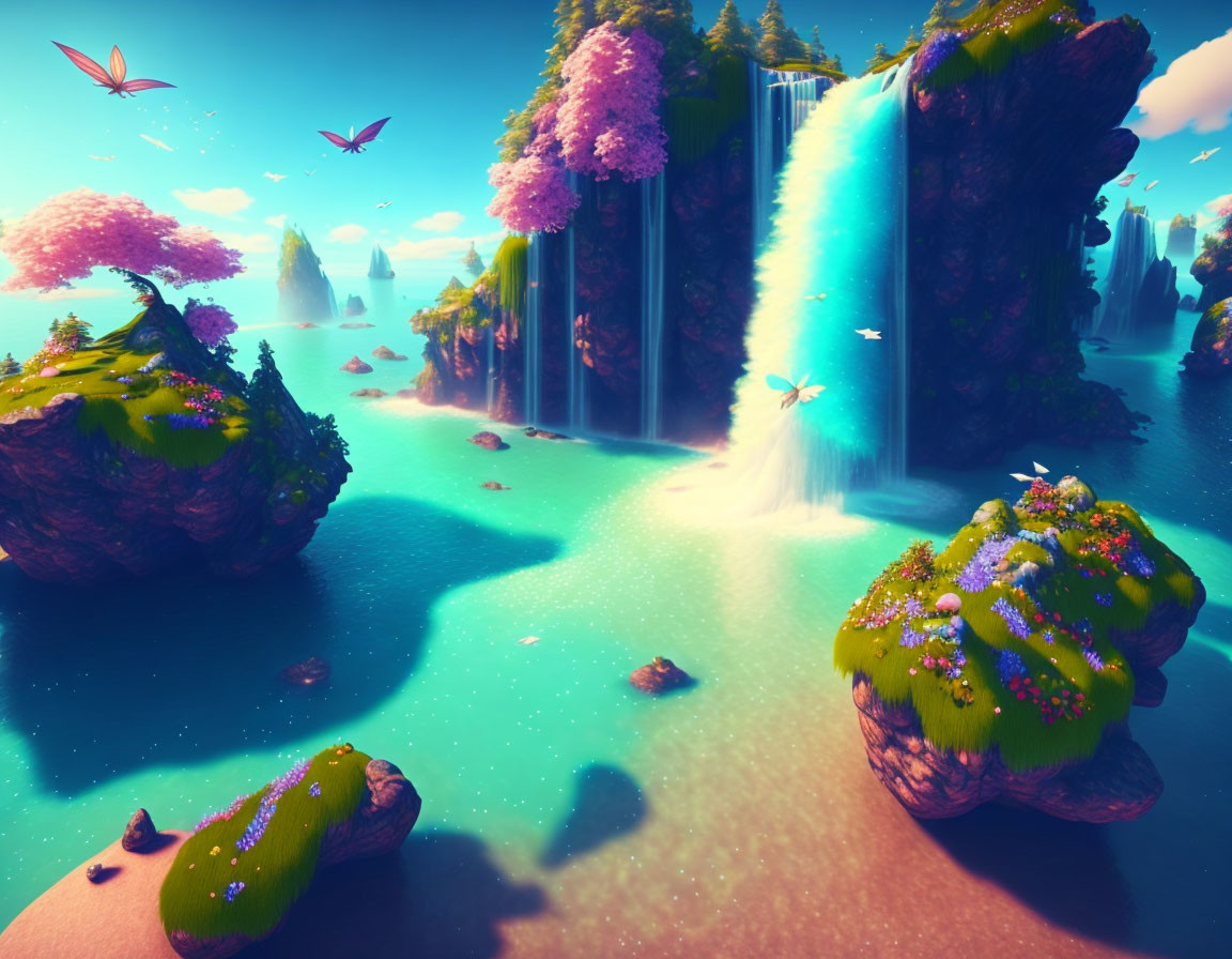 Fantastical landscape with pink trees, waterfalls, islands, butterflies