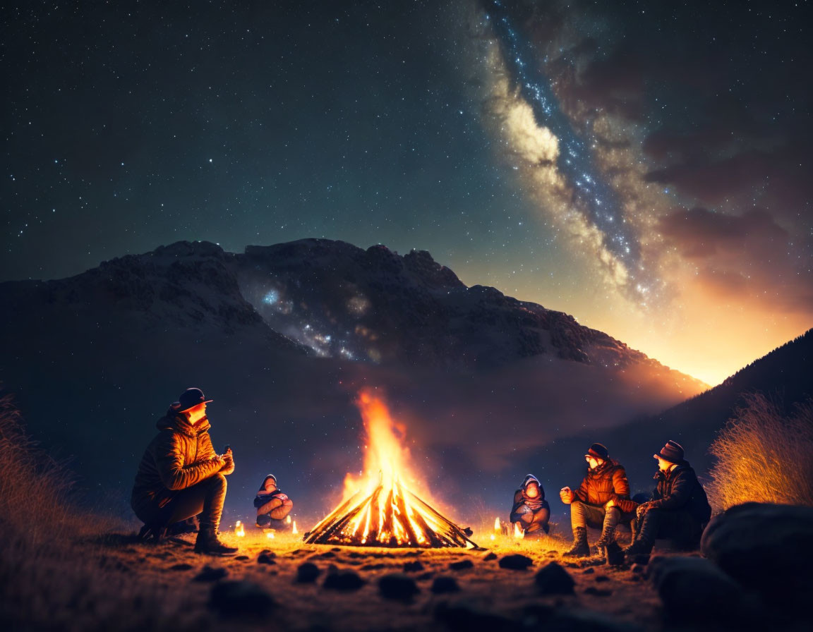 Nighttime campfire scene with starry sky and Milky Way galaxy above mountains