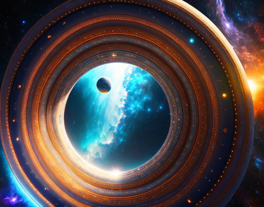 Colorful sci-fi scene with circular structures and distant planet in space