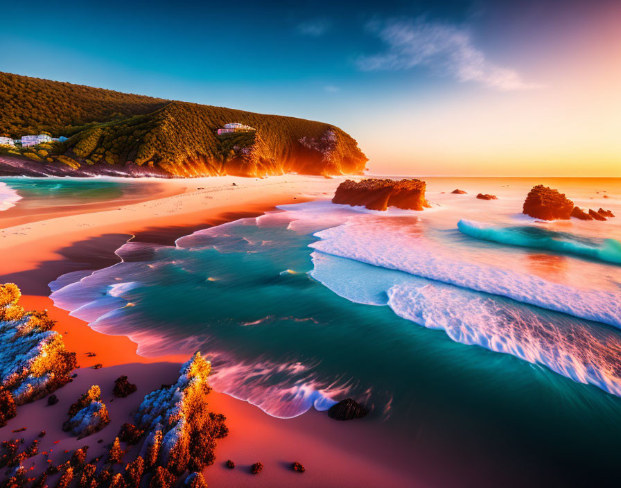 Scenic beach sunset with lush cliffs and rolling waves