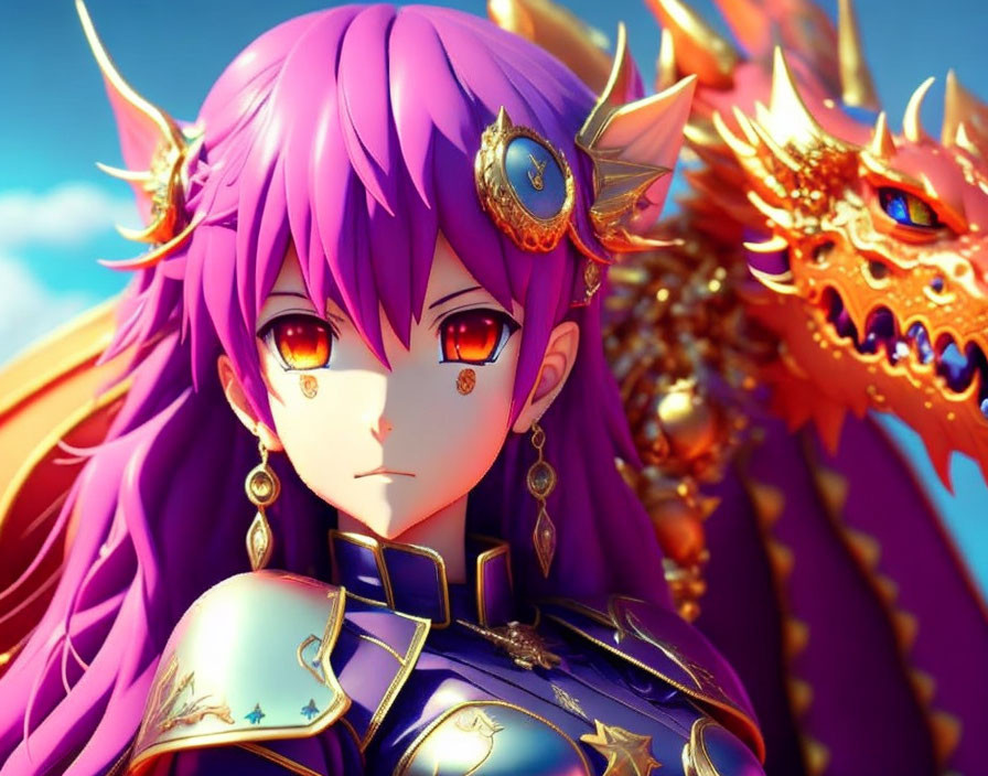 Purple-Haired Animated Character with Orange Eyes in Blue Armor Beside Red Scaled Draconic Creature