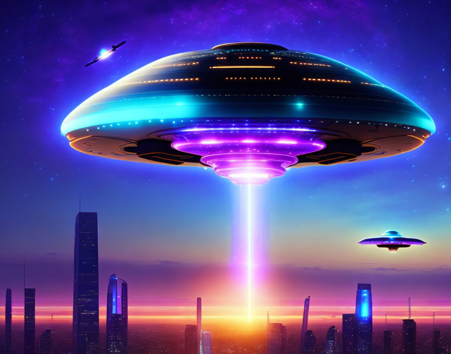 Futuristic cityscape with large UFO emitting light