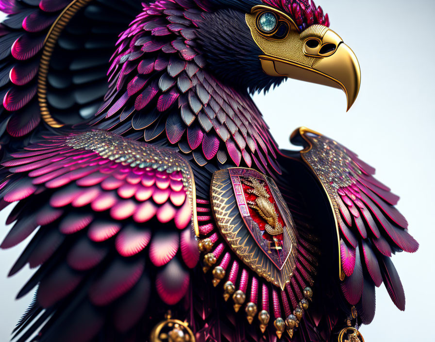 Metallic eagle with purple feathers and golden beak with shield and snake.