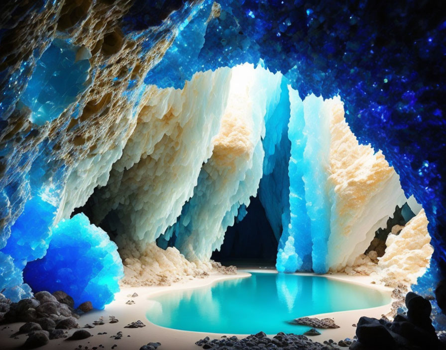 Crystal cave with turquoise waters and blue crystals in a vibrant image