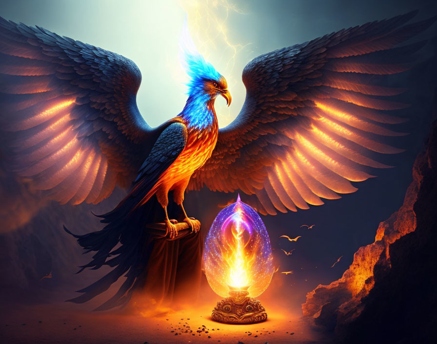 Blue phoenix perched on rock with glowing egg - mythical and majestic