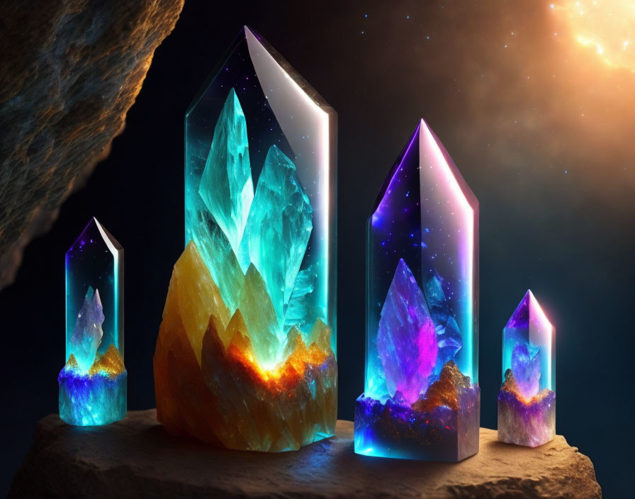 Vibrant crystal obelisks on rocky surface against cosmic backdrop