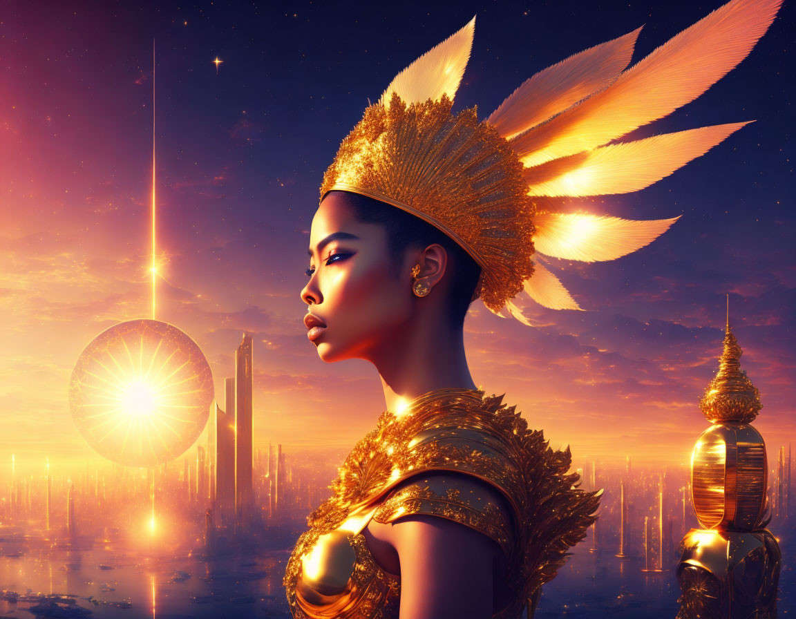 Golden headdress woman gazes at futuristic cityscape at sunset