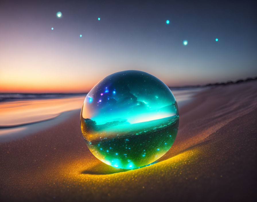 Glass sphere on sandy beach reflects starry sky and sunset with ocean and twilight background.