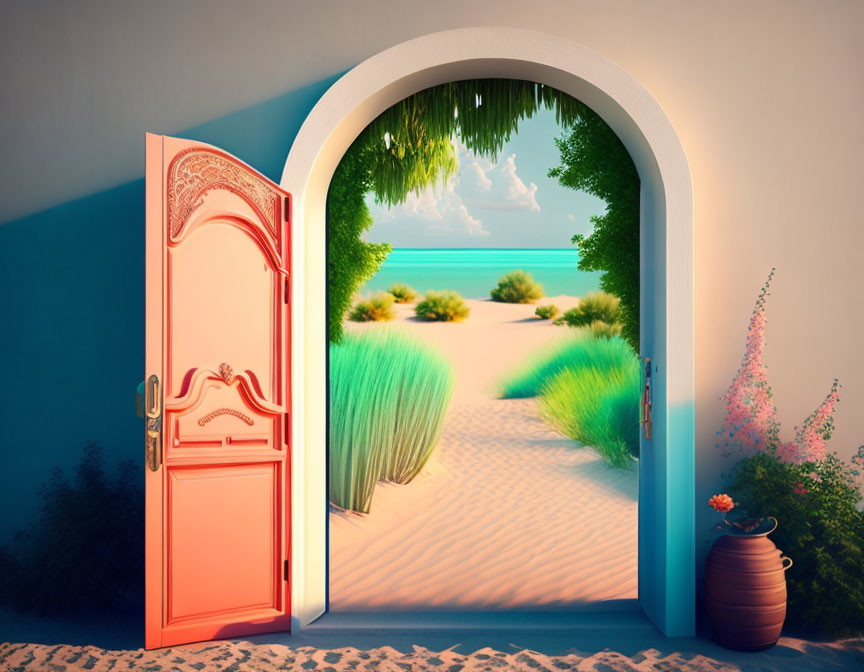 Ornate red door transitioning to beach scene with blue skies