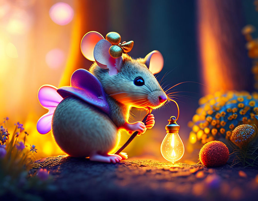 Mouse with butterfly wings and lantern in magical forest illustration