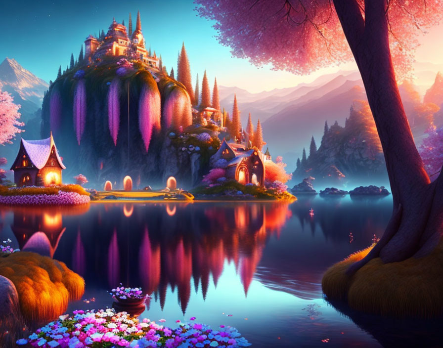 Colorful Fantasy Landscape with Castle, Cottages, and Twilight Reflection