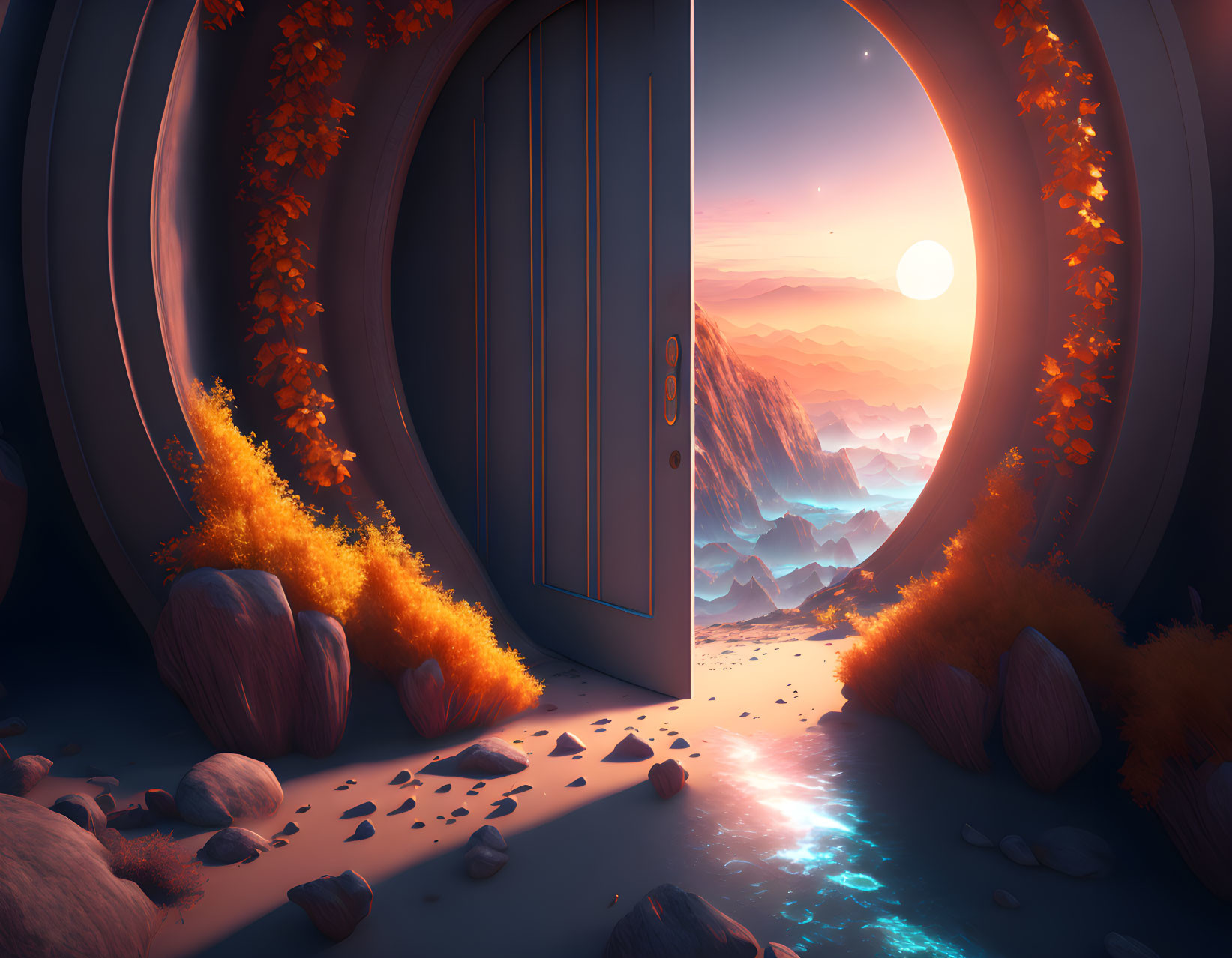 Circular doorway reveals mountain landscape at sunset