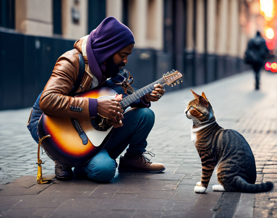 Musician in purple beanie plays guitar on city street, captivating tabby cat