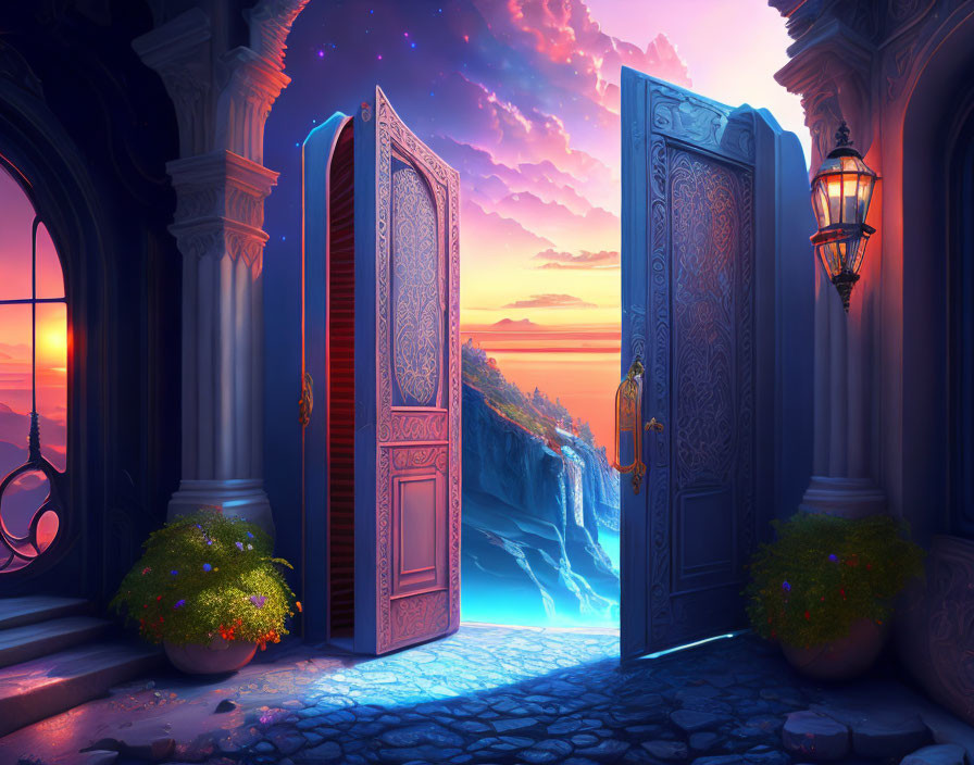 Ornate door overlooking sunset, starry sky, ocean cliff, balcony foliage