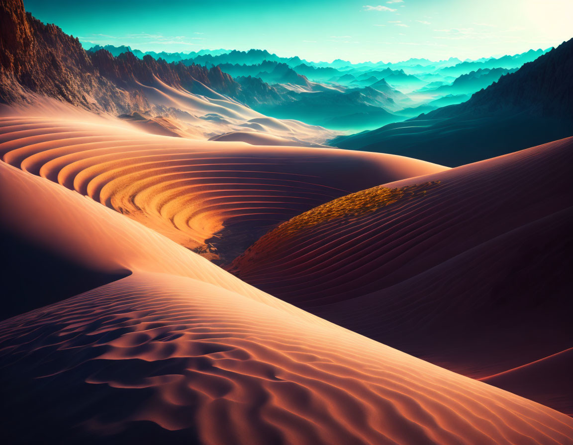 Scenic desert landscape with sand dunes and mountains under hazy sky