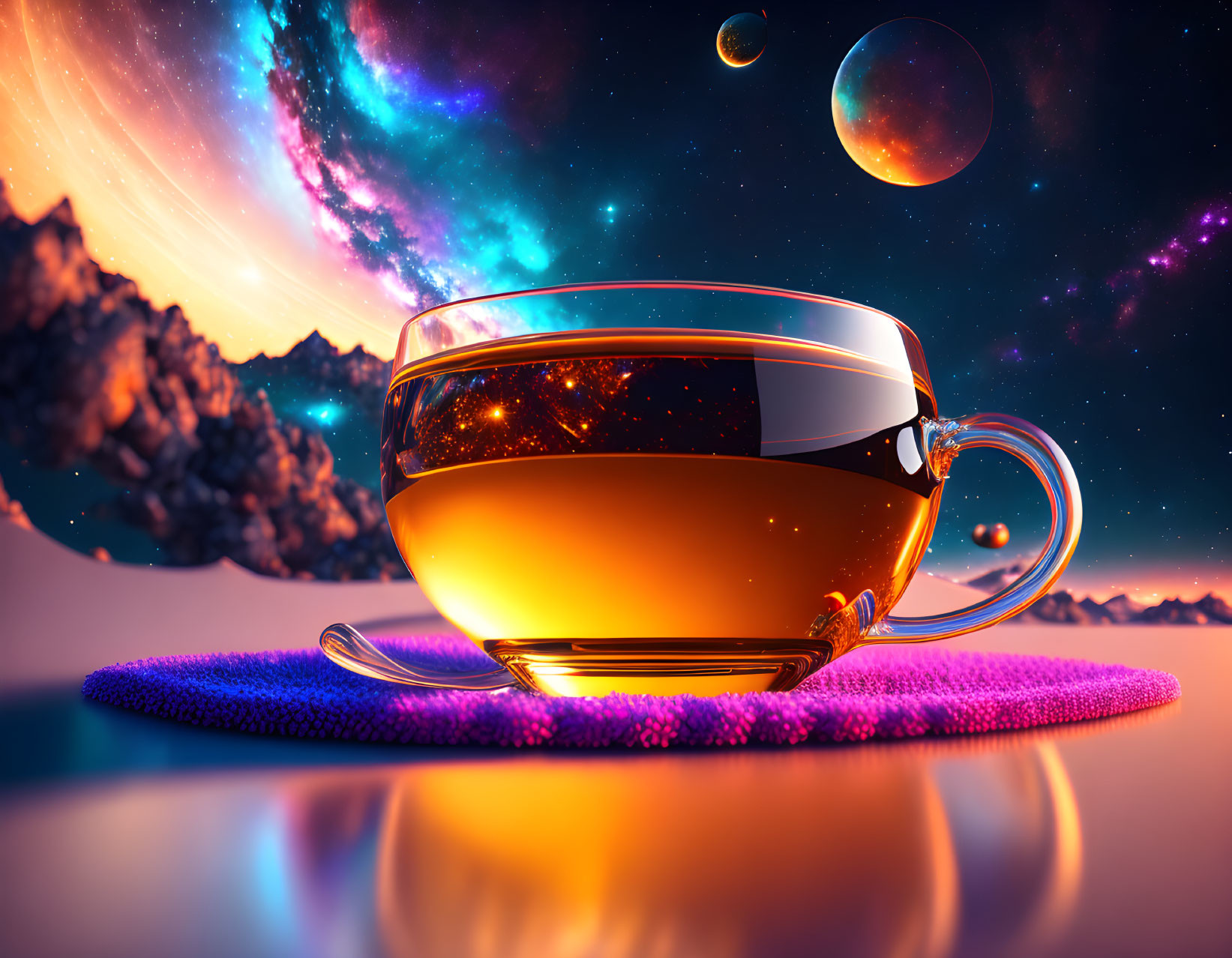 Transparent tea cup with amber liquid on cosmic background