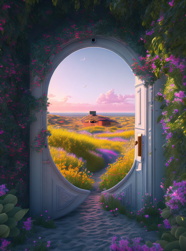 Open door to vibrant field with purple and yellow flowers, path to distant house under sunset sky.