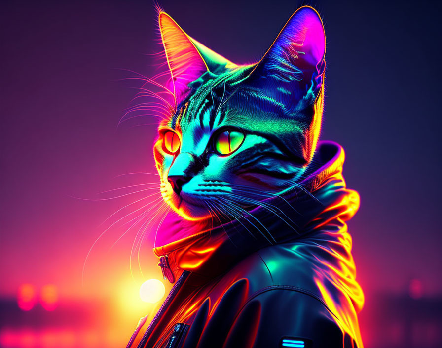 Digital art: Cat with human-like features in leather jacket on neon-lit sunset.