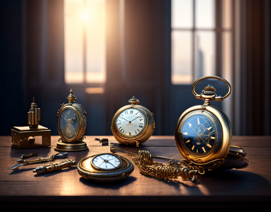 Collection of vintage pocket watches on wooden desk with inkwell and pen in warm sunlight.