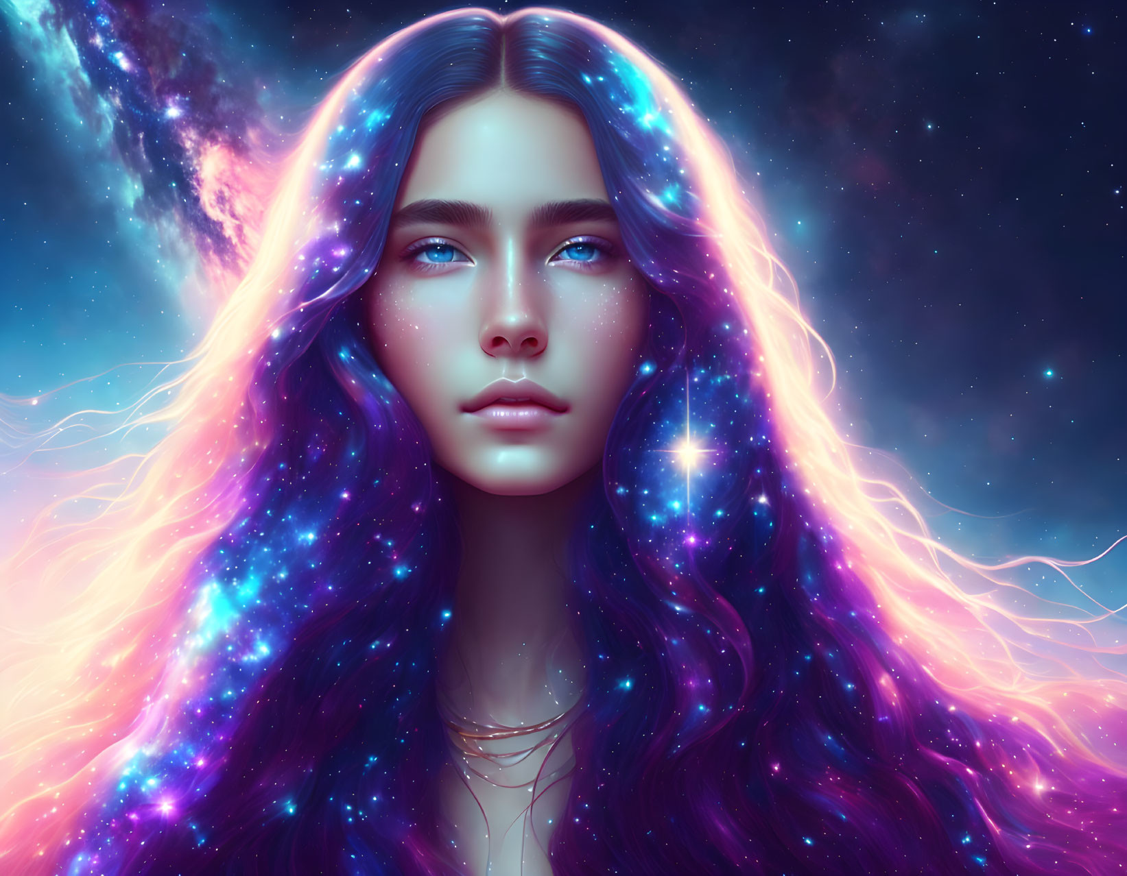 Digital artwork: Woman with galaxy hair on cosmic background