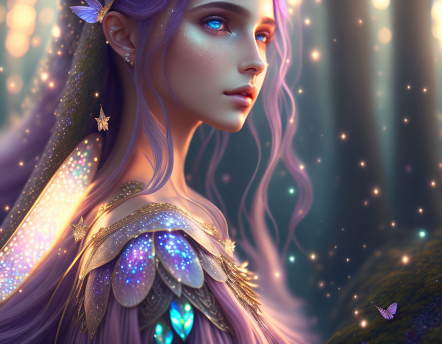 Ethereal female figure with pointed ears in magical forest