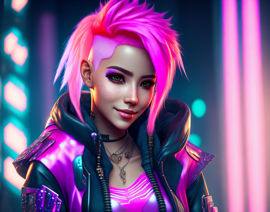 Vibrant pink-haired woman in purple jacket against neon-lit urban backdrop