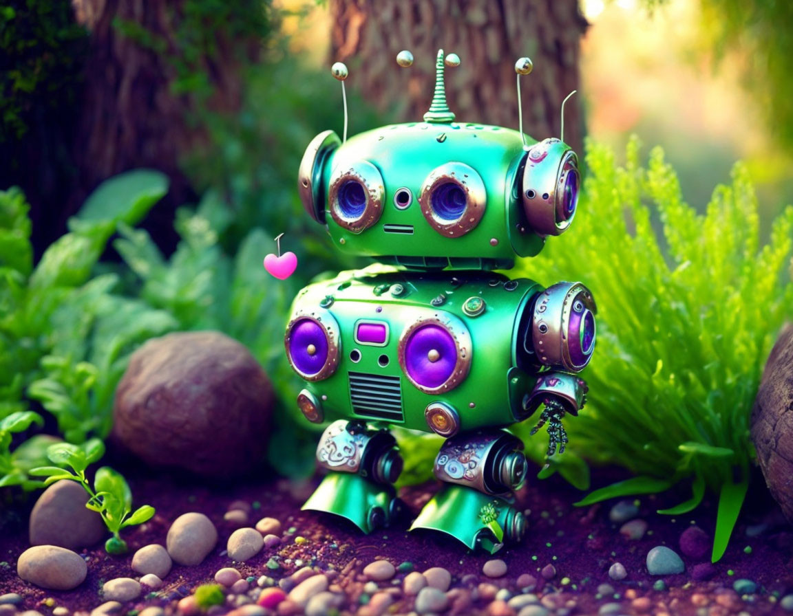 Whimsical green robot with big eyes and antennae among rocks and plants