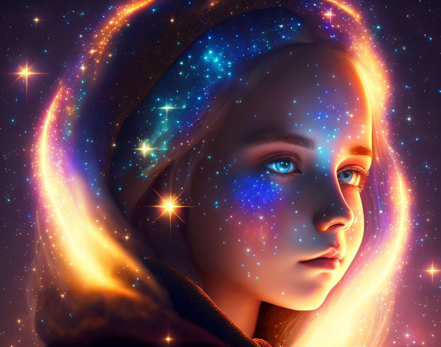 Cosmic-themed portrait with galaxy halo and vibrant nebula colors