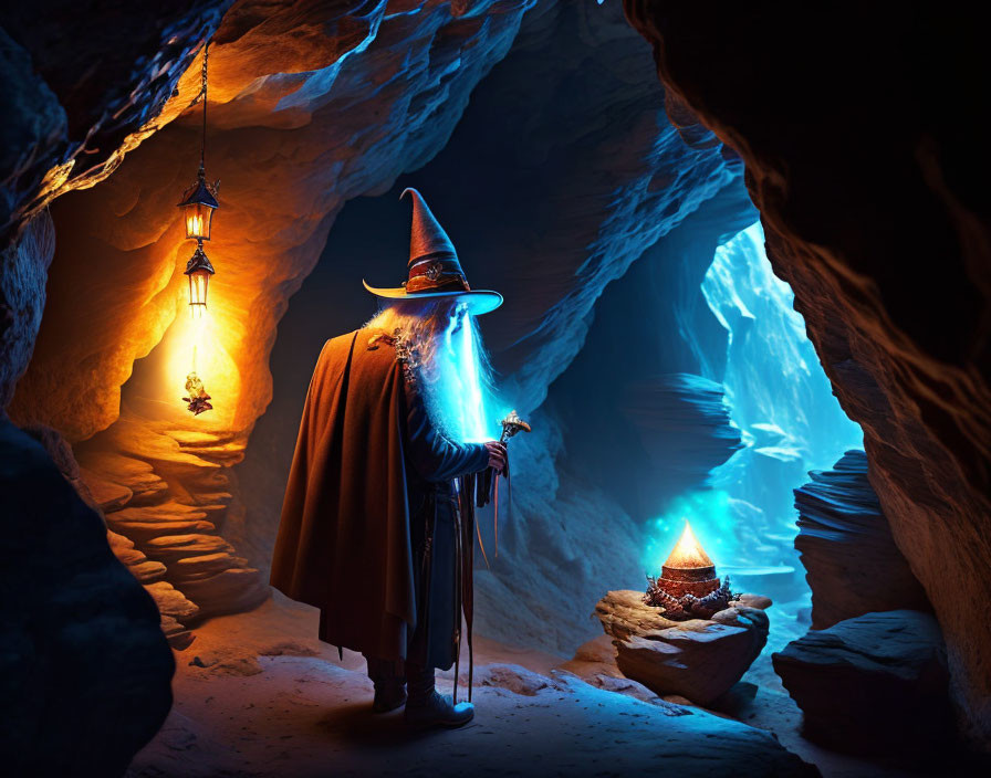 Wizard with glowing staff in mystical cave illuminated by lanterns