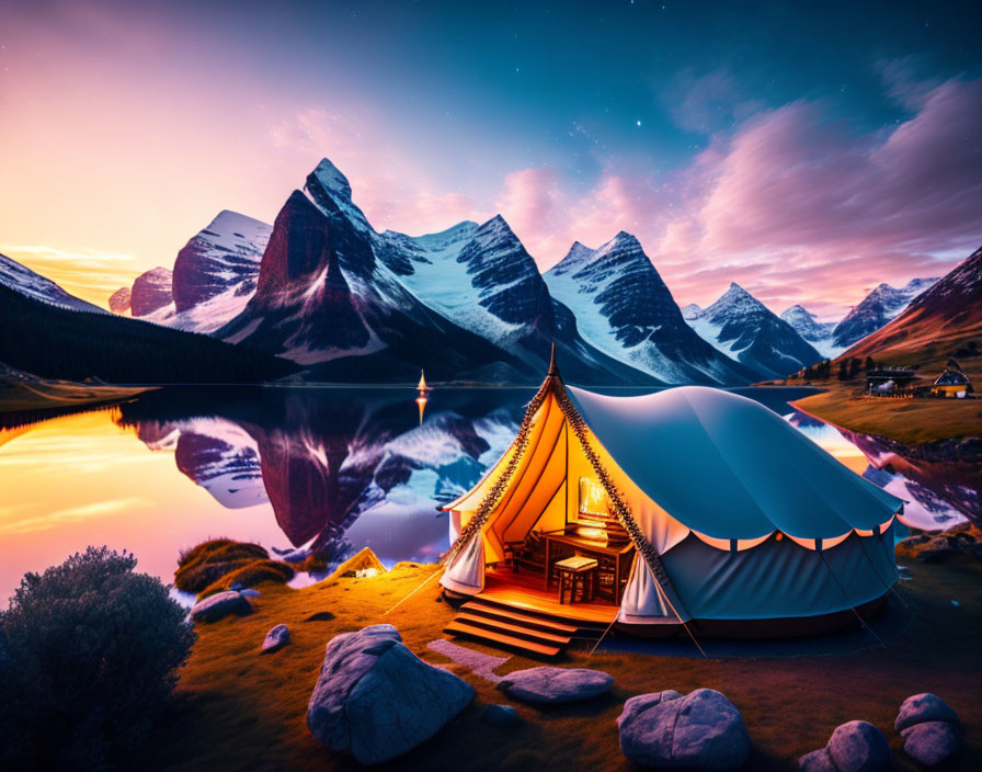 Luxurious tent by calm lake, snow-capped mountains, sunset or sunrise sky