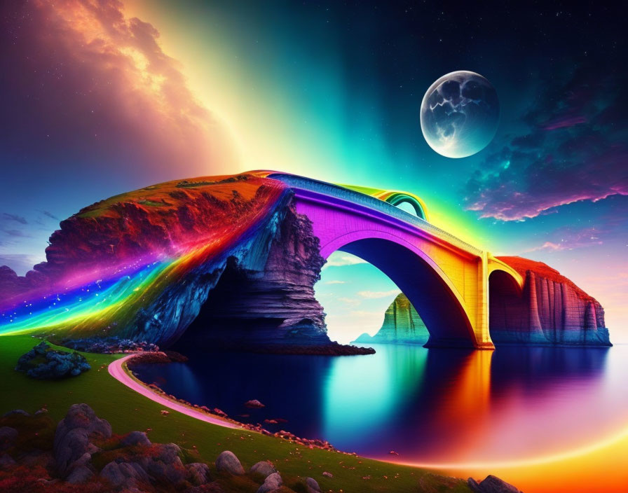 Colorful rainbow bridge over serene water with dramatic cliffs and stunning sky.