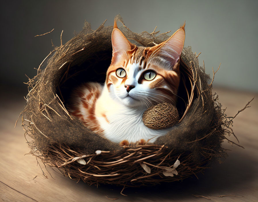 Orange and White Cat in Bird's Nest Observing Curiously