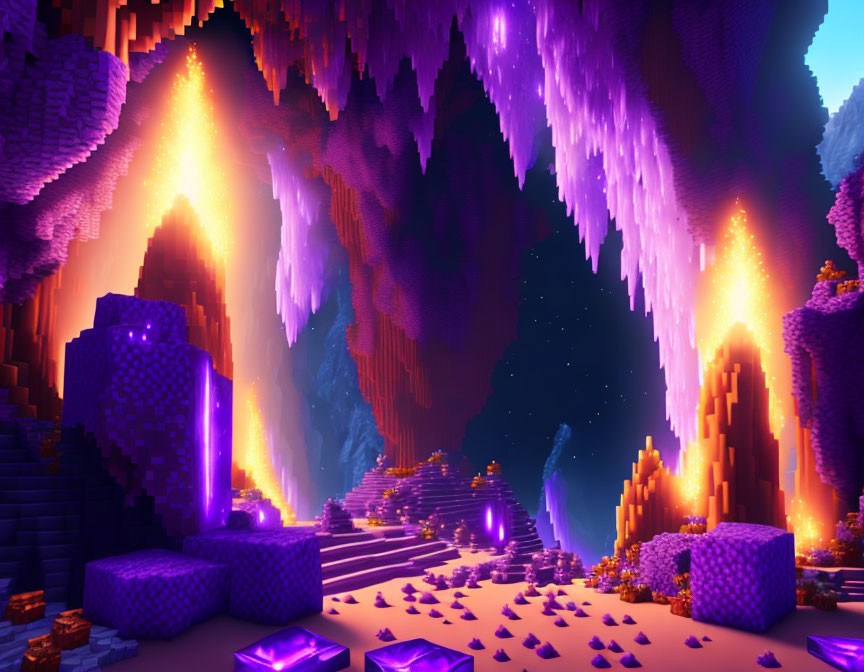 Fantastical cave digital artwork with glowing lava and purple hues