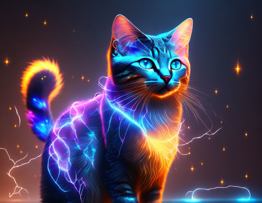 Neon Outlined Cat in Electric Blue and Orange on Dark Background