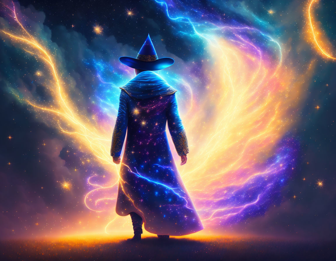 Wizard silhouette in pointed hat against cosmic backdrop