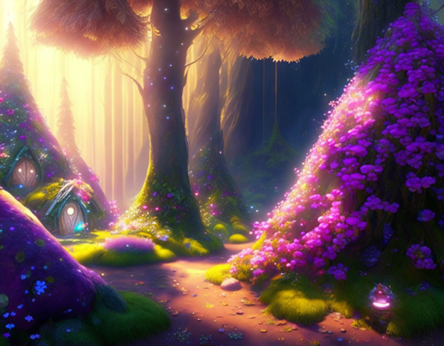 Enchanting forest with purple flora, fairy houses, mystical glow, and sunbeams.