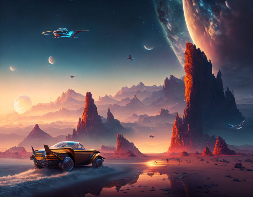 Futuristic vehicle on reflective alien landscape at sunset