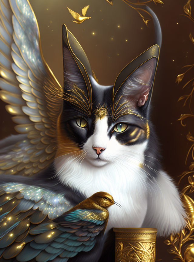 Fantasy illustration of a winged cat with gold and white feathers and intricate jewelry