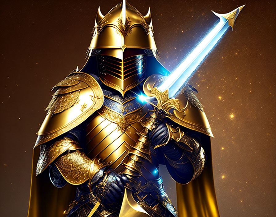 Golden knight armor with blue sword on starry night.