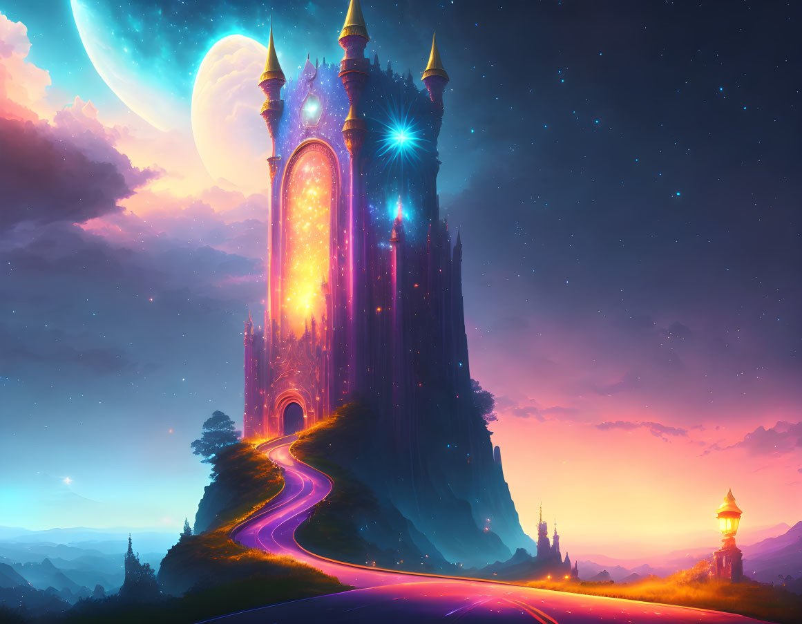 Fantastical castle on cliff with glowing windows under night sky