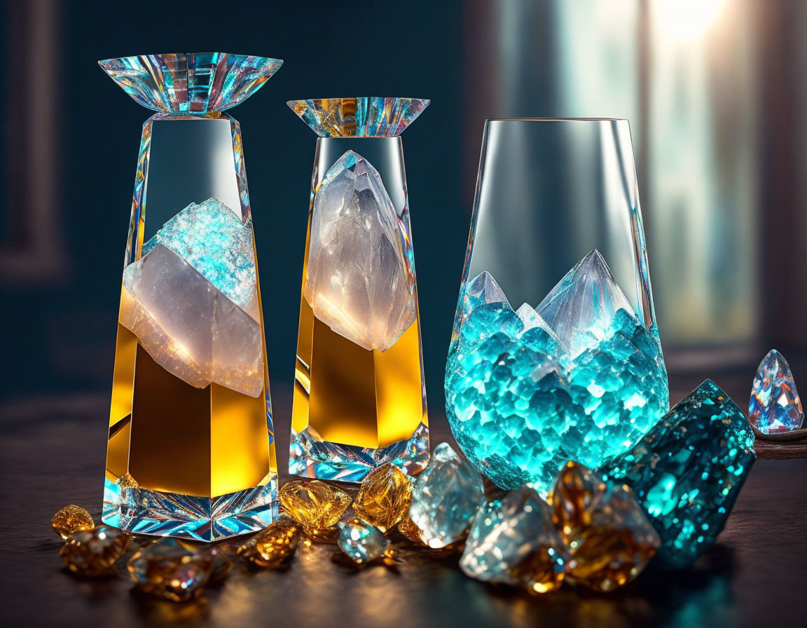 Luxurious Crystal Decanters with Amber Liquid and Crystal Formations