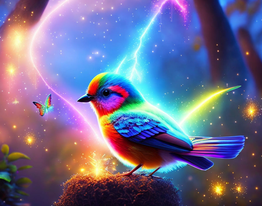 Colorful bird and glowing butterfly in neon-lit mystical forest